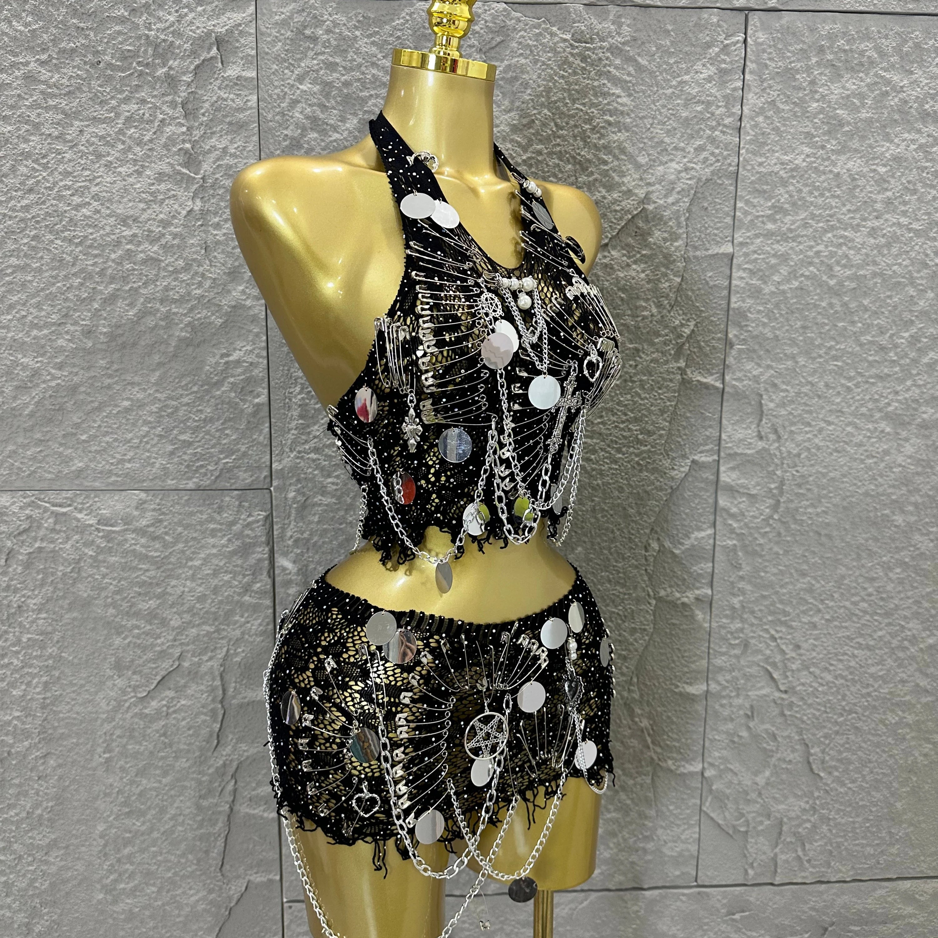 Women Sexy Safety Pin Lace Two Piece Set Halter Neck Sequin Embellished Crop Top & Mini Skirt Outfit Stage Performance Costume