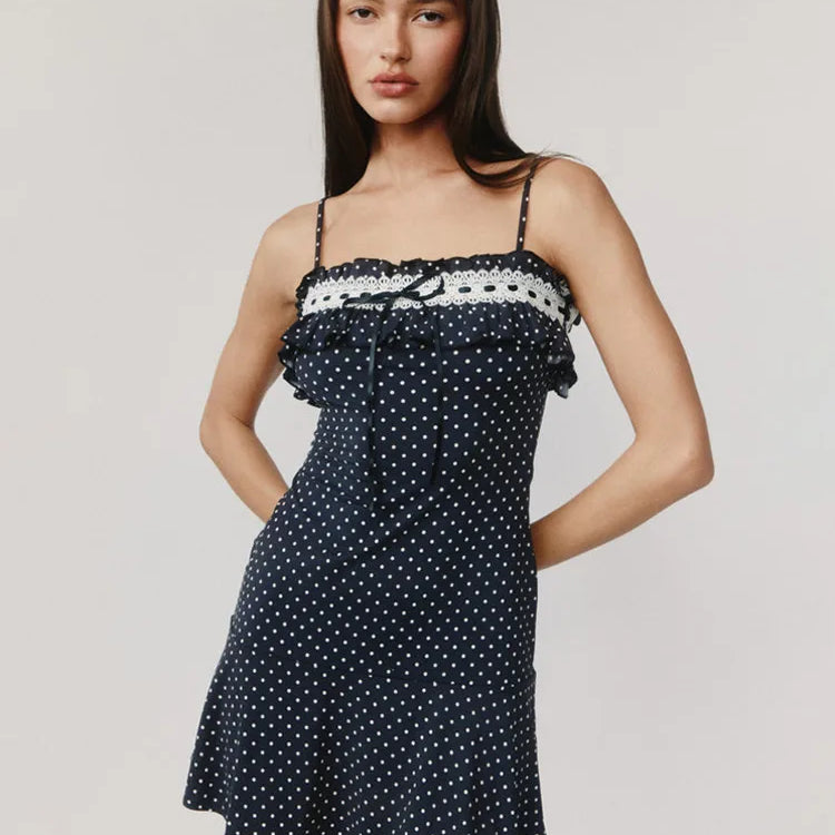 Mozision Spaghetti Strap Polka Dot Mini Dress For Women Robe Contrast Color Off-shoulder Sleeveless Backless Club Party Dress Navy Blue