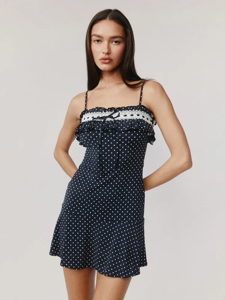 Mozision Spaghetti Strap Polka Dot Mini Dress For Women Robe Contrast Color Off-shoulder Sleeveless Backless Club Party Dress Navy Blue