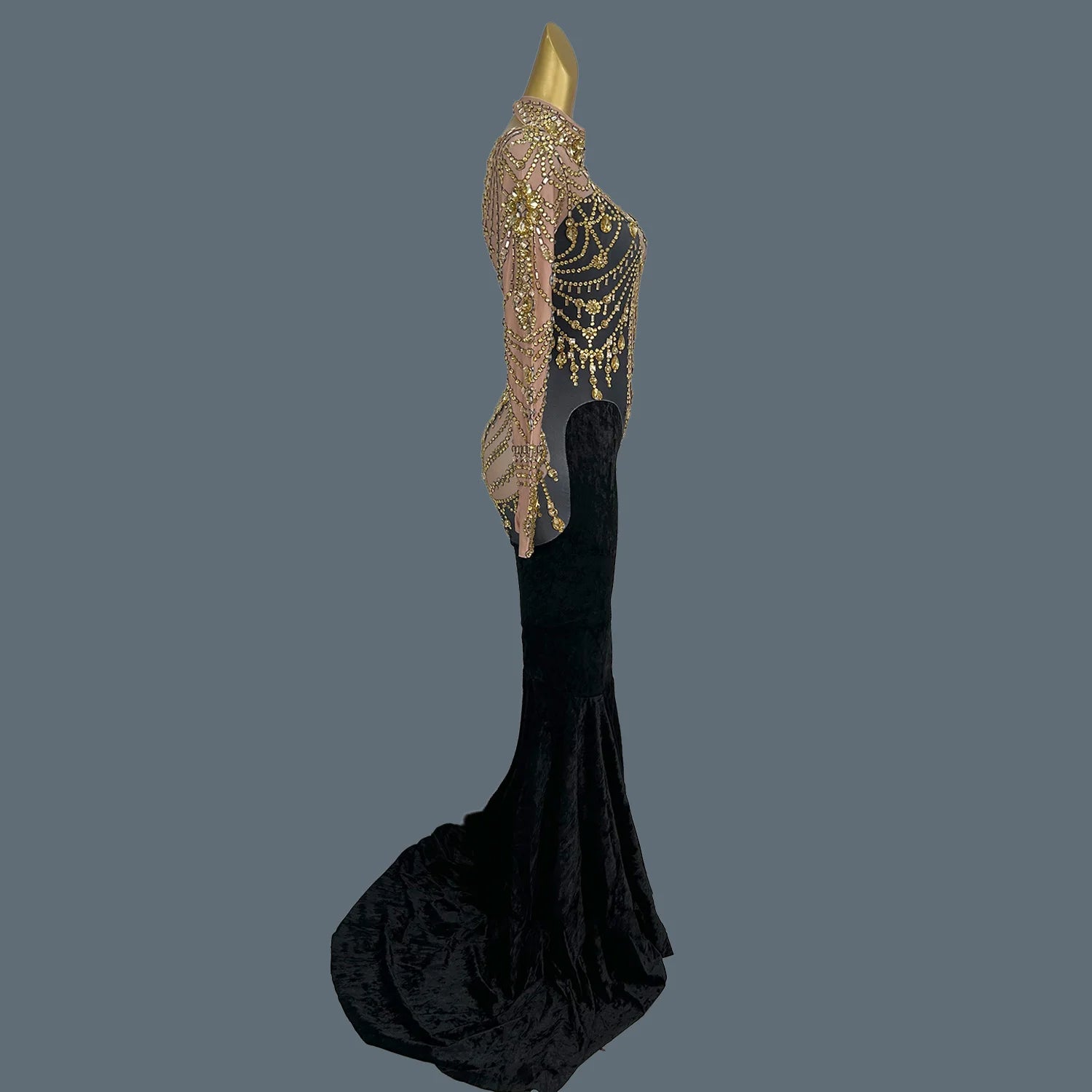 Elegant Gold Crystal Velvet Birthday Wedding Party Dress Ladies Trailing Ball Evening Gown Women Prom Mermaid Dresses Sirongqun