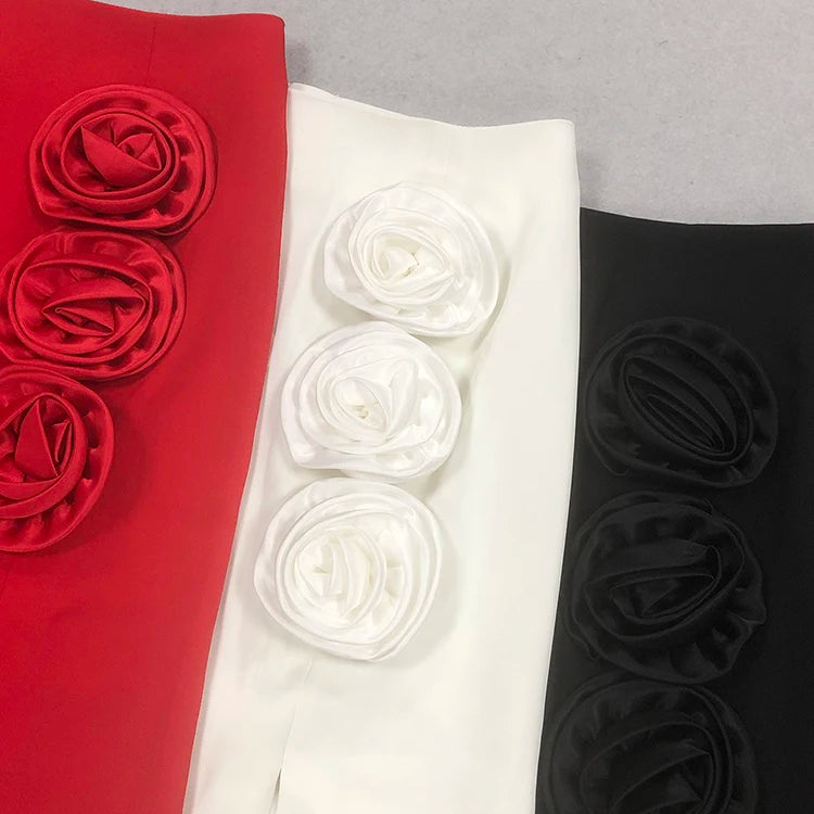 Stylish Chic Casual Red High Waisted Midi Bandage Dress Three Dimensional Roses and Slits Party Outdoor Skirt