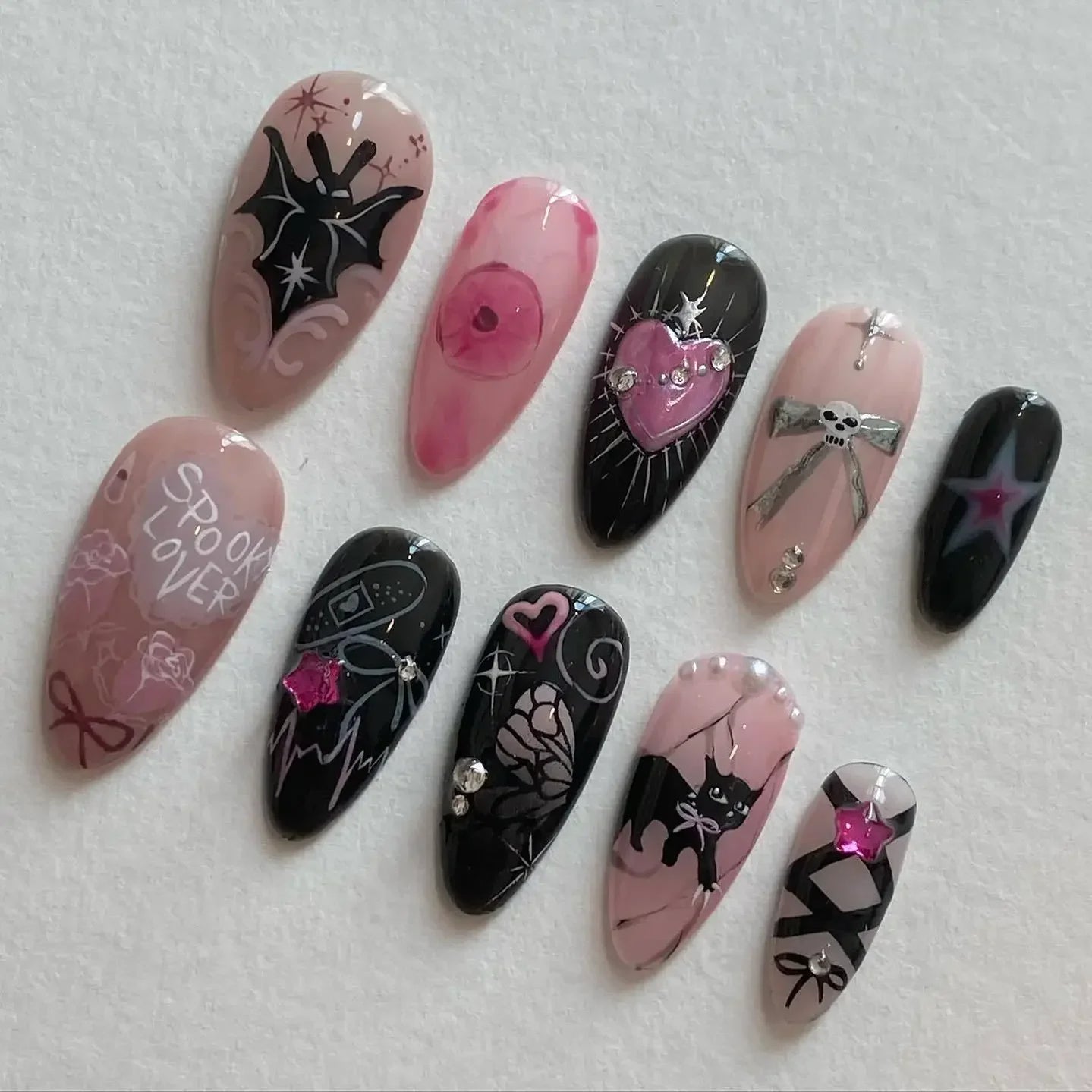 24Pcs Halloween Almond Handmade Press on Nails Full Cover Easter Bat Spider Cool Y2k Fake Nails Wearable Manicure Nail Tips Art 13