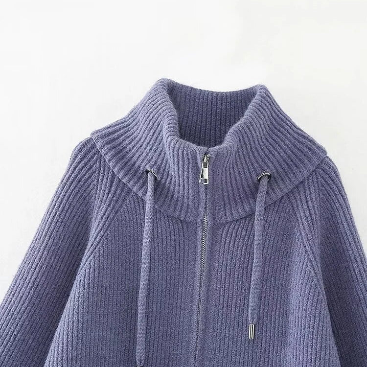 Za-High quality 2024 autumn and winter zipper knitted cardigan top sweater jacket. Women's thickened stand collar warm sweater