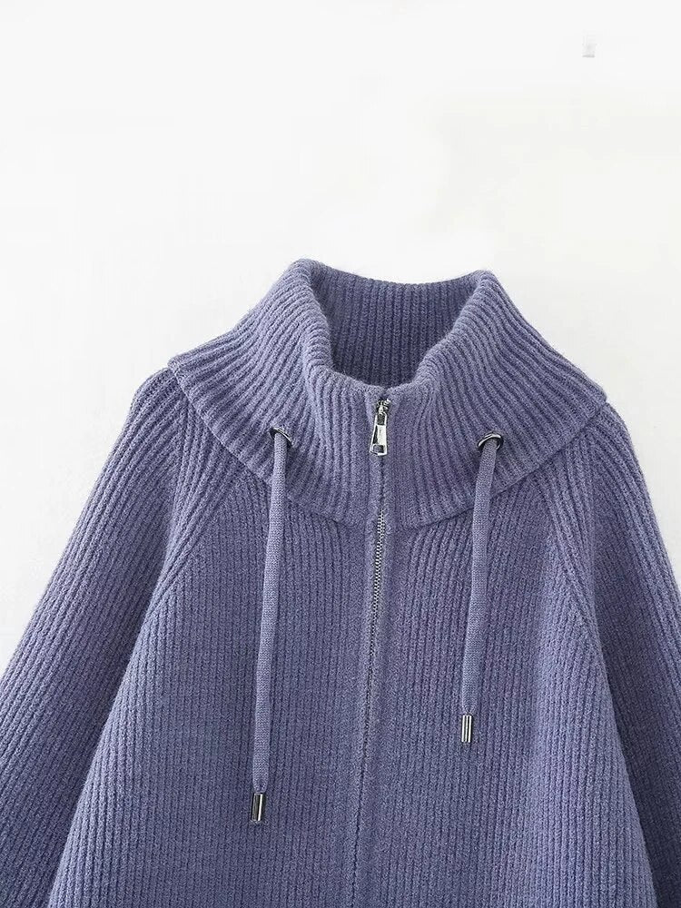 Za-High quality 2024 autumn and winter zipper knitted cardigan top sweater jacket. Women's thickened stand collar warm sweater