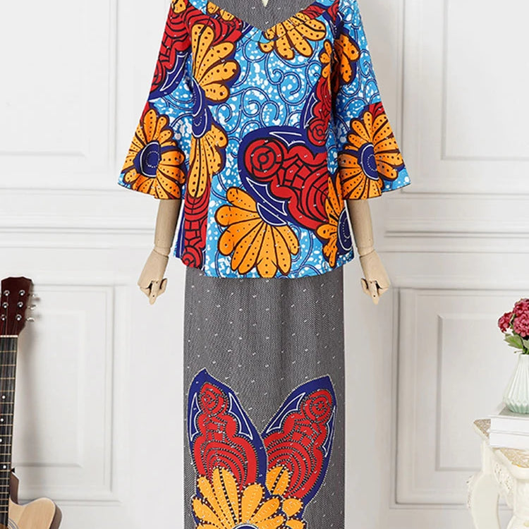 Plus Size VONDA Women Sets 2025 Fashion Suit 3/4 Flare Sleeve Floral Printed Tops And Elastic Waist Maxi Skirts 2Pcs Sets
