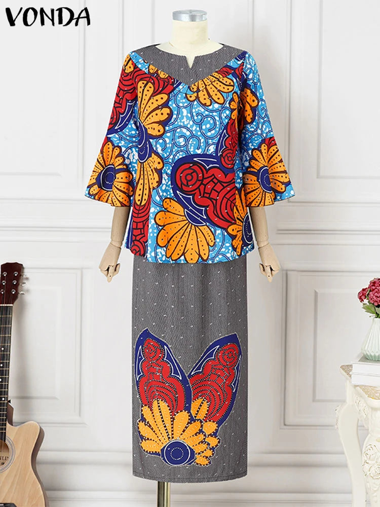 Plus Size VONDA Women Sets 2025 Fashion Suit 3/4 Flare Sleeve Floral Printed Tops And Elastic Waist Maxi Skirts 2Pcs Sets