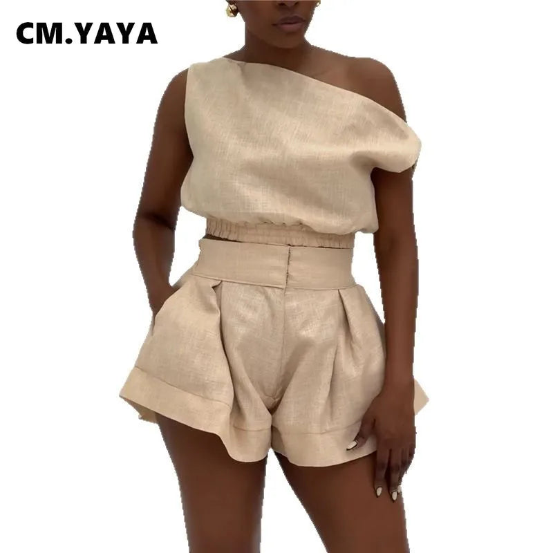 Fashion Women's Set Off Shoulder Sleeveless Blouse Shirt Top and Flare Shorts Suit 2025 Street Two 2 Piece Sets Outfits