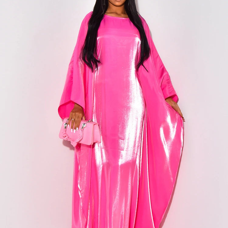 Women Loose O-neck Full Batwing Sleeve Long Maxi Dress Summer Satin Vintage Africa Streetwear Vestido Evening Dresses