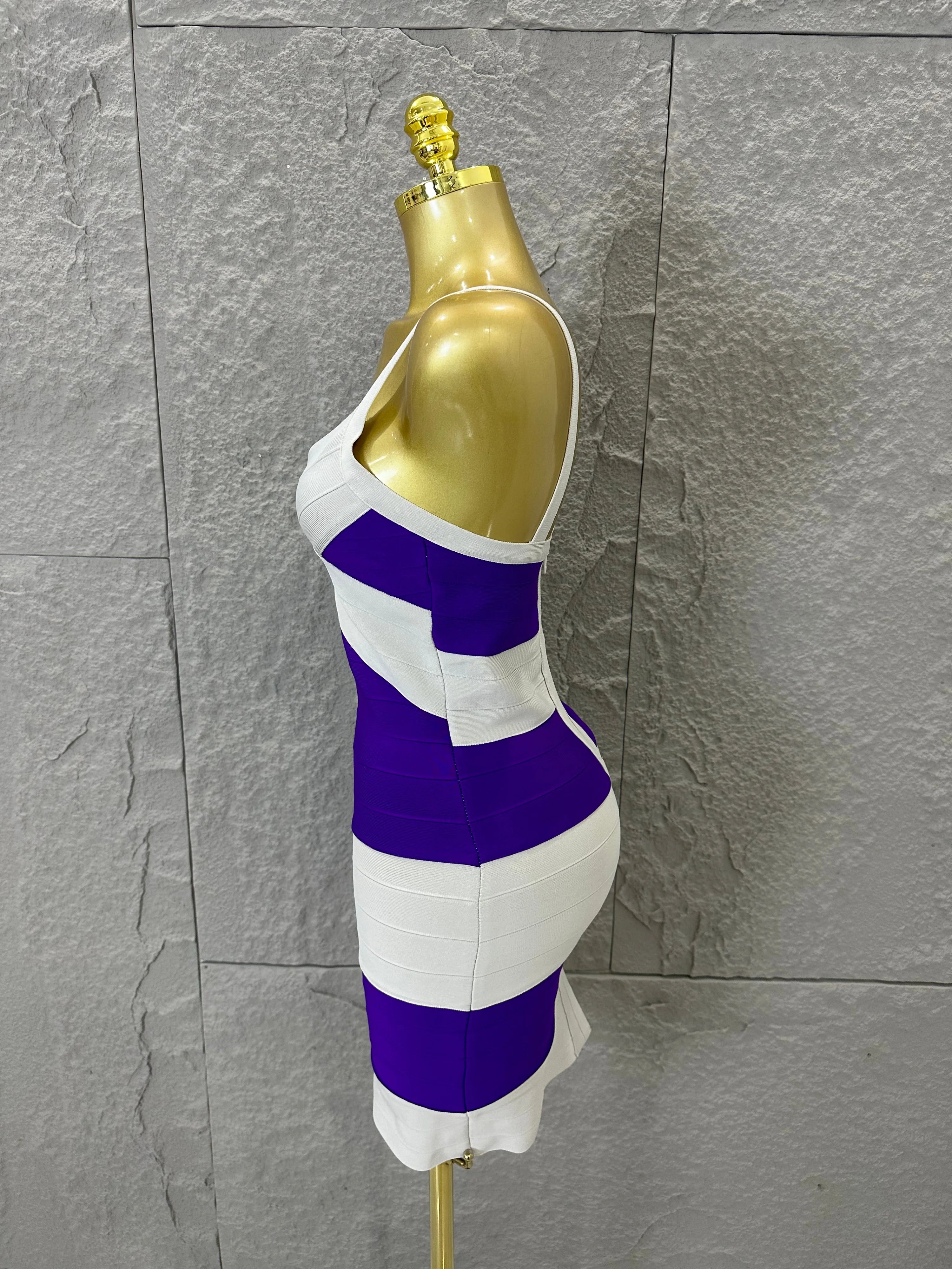 Chic Purple White Striped Bandage Dress Women Sleeveless Sweetheart Neck Bodycon Formal Office Casual Event Wear