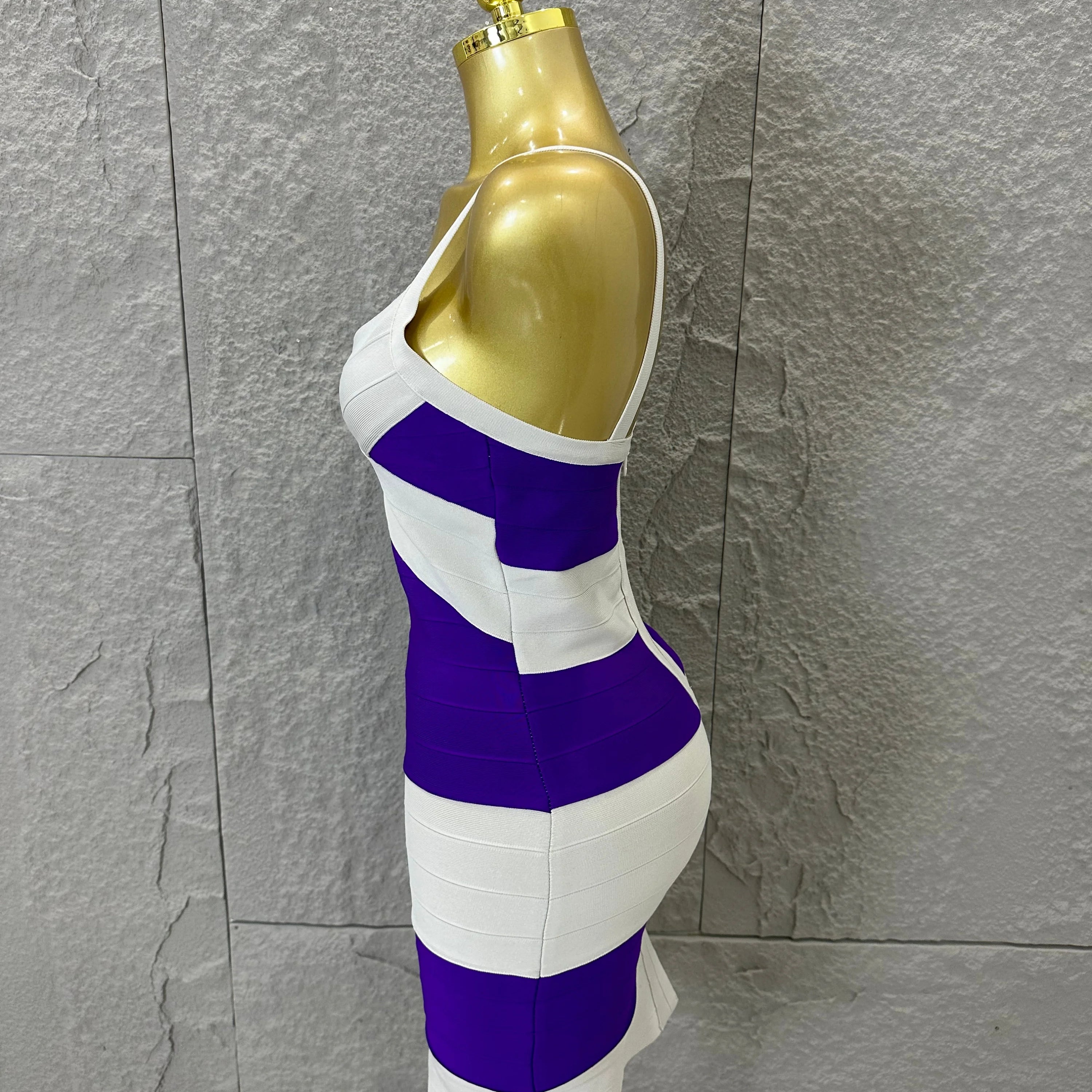 Chic Purple White Striped Bandage Dress Women Sleeveless Sweetheart Neck Bodycon Formal Office Casual Event Wear