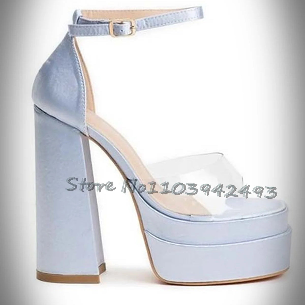 Transparent Pvc Heeled Sandals Open Toe Satin High Heels Platform Square Toe Summer 2025 Ankle buckle Strap Women Luxury Shoes SKY BLUE