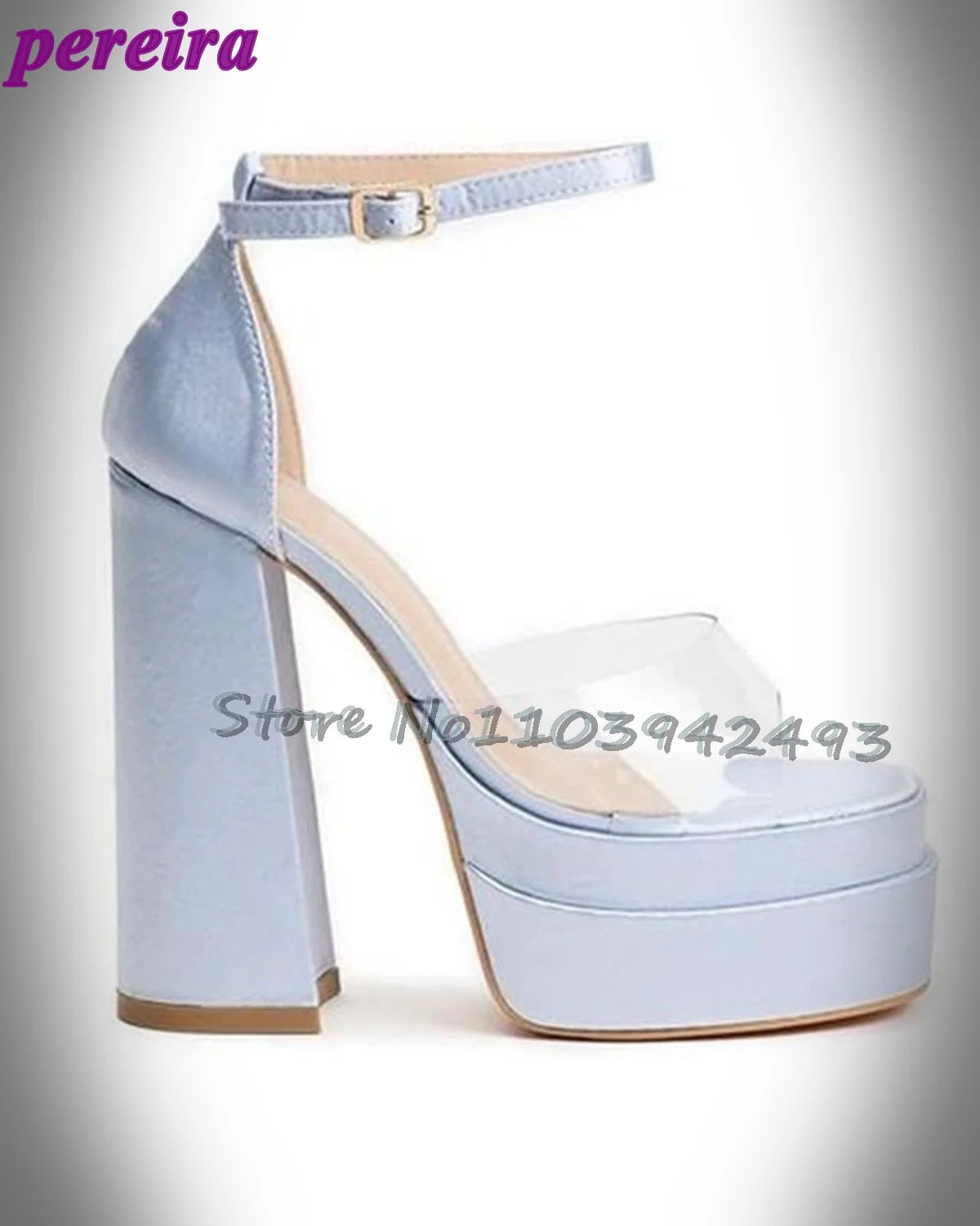 Transparent Pvc Heeled Sandals Open Toe Satin High Heels Platform Square Toe Summer 2025 Ankle buckle Strap Women Luxury Shoes SKY BLUE