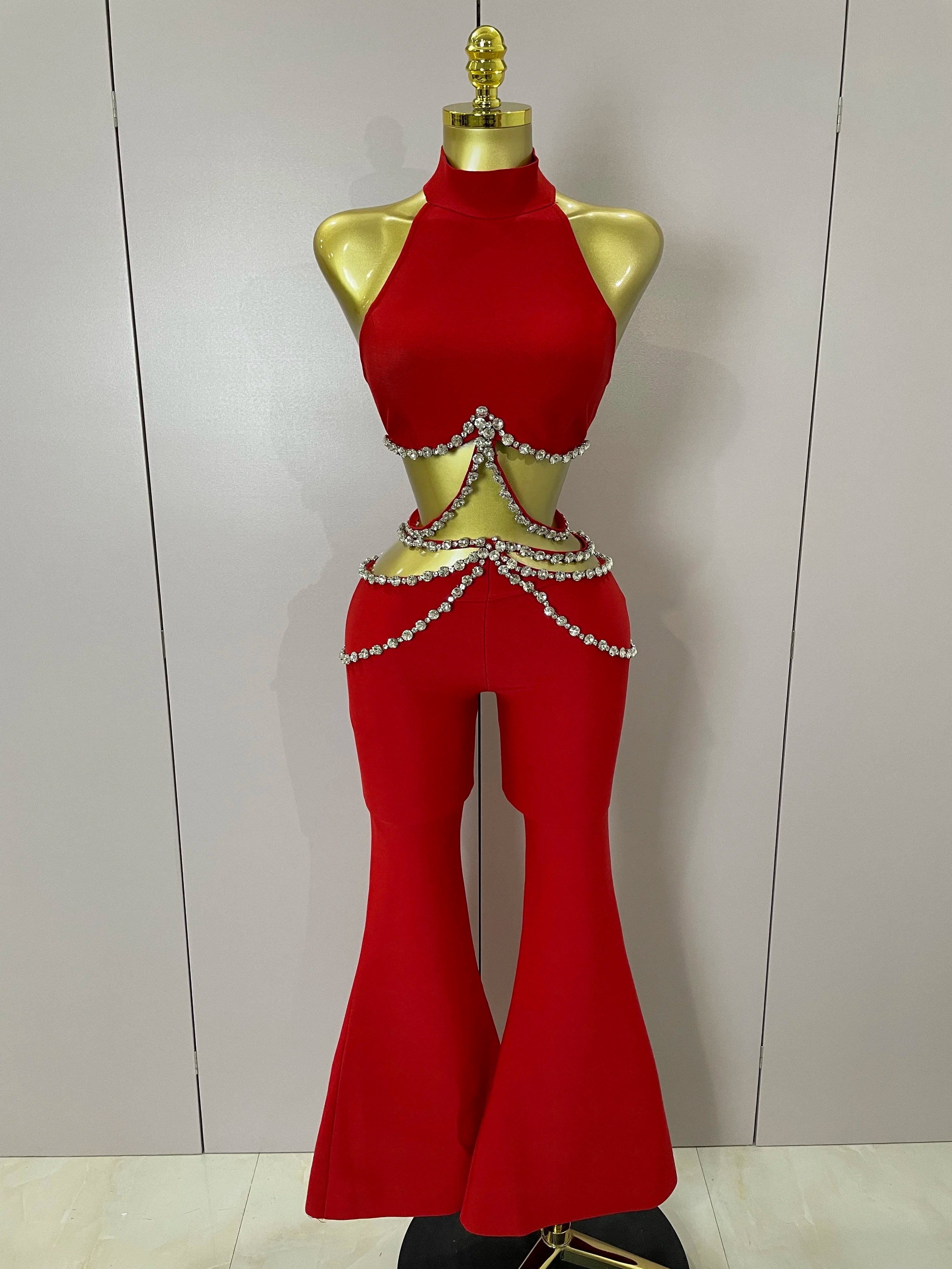 Luxury Rhinestone Red Sexy Cut Out Two Piece Pants Bandage Set 2025 Women Celebrity Designer Fashion Women's Set Stage Outfit Red