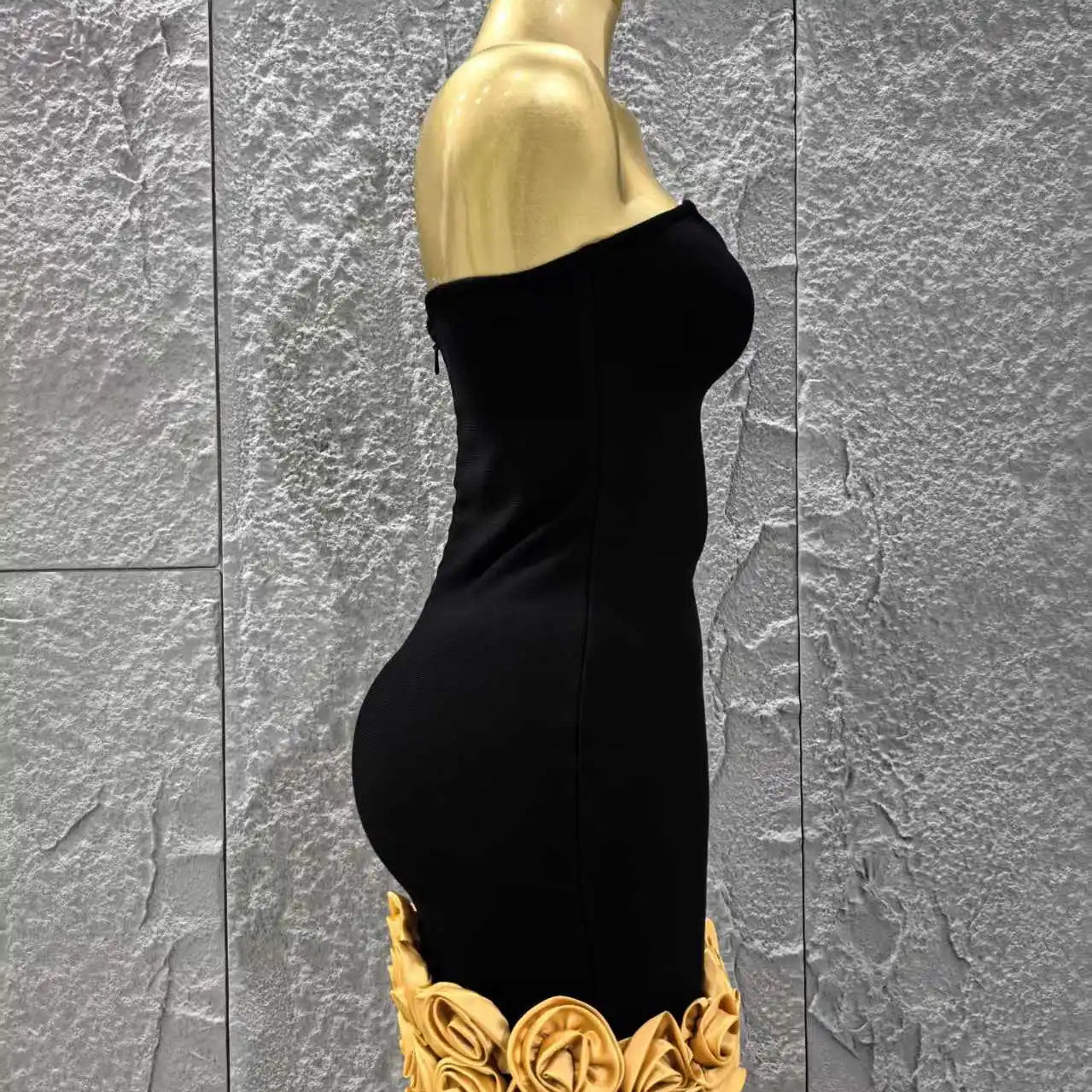 Black Color Golden Florlas Women Sexy Strapless Bodycon Mini Bandage Dress Celebrate Nightclub Party Birthday Vacation Wear