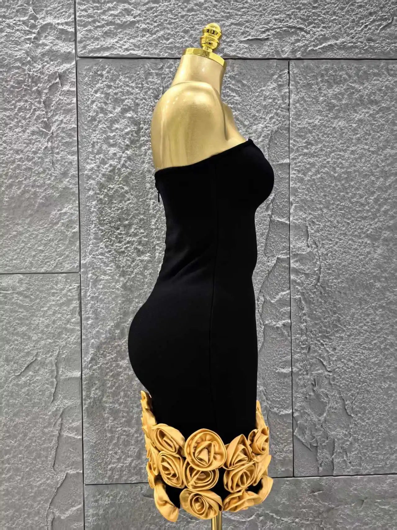 Black Color Golden Florlas Women Sexy Strapless Bodycon Mini Bandage Dress Celebrate Nightclub Party Birthday Vacation Wear