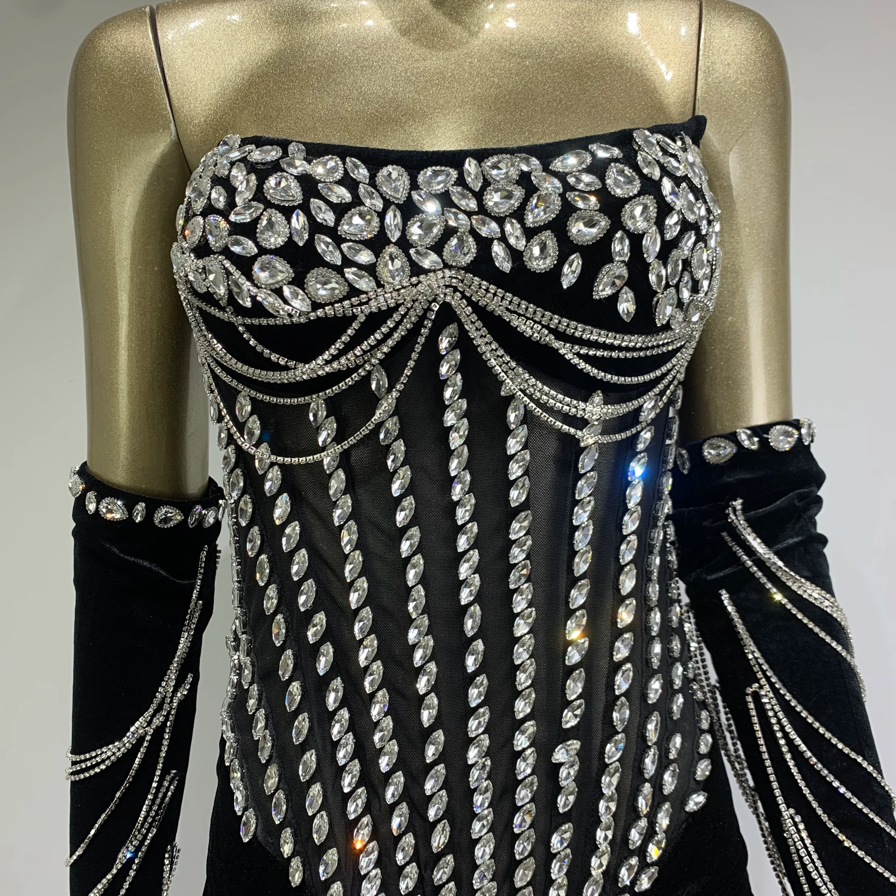 Women Luxury Sexy Strapless Beading Diamonds Black Maxi Long Dress 2024 Elegant Party Evening Stage Performance Dress Vestido