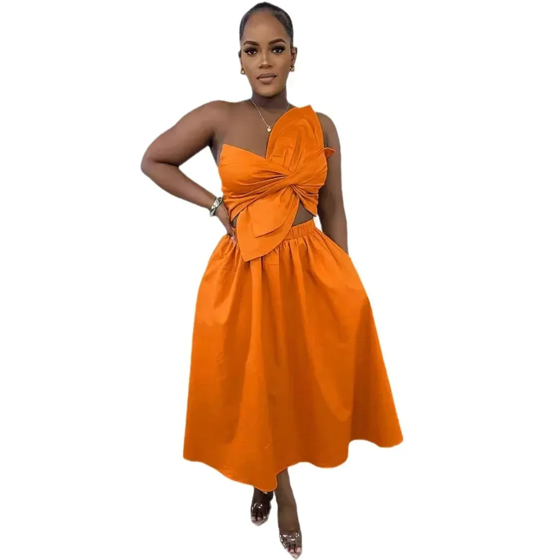 Women Big Petal Front Strapless Midi Long Dress 2024 Summer Street Vestidos Sexy Party Evening Chic Big Swing Dresses Orange