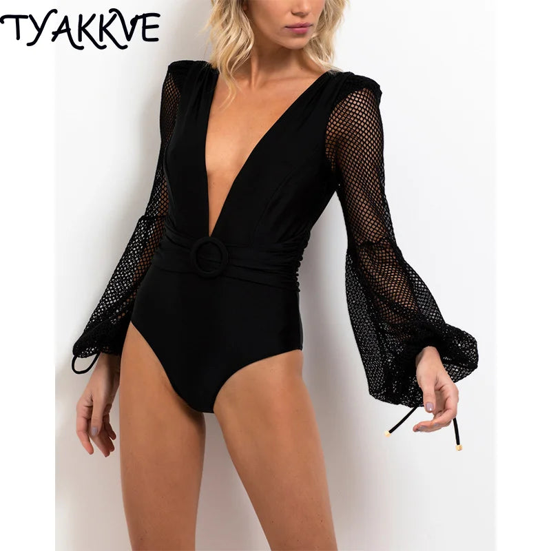 New Sexy One Piece Swimsuit Deep V Neck Swimwear Woman Monokini Long Sleeves Print Cut Bathing Suit Women Summer Beach Wear 11060