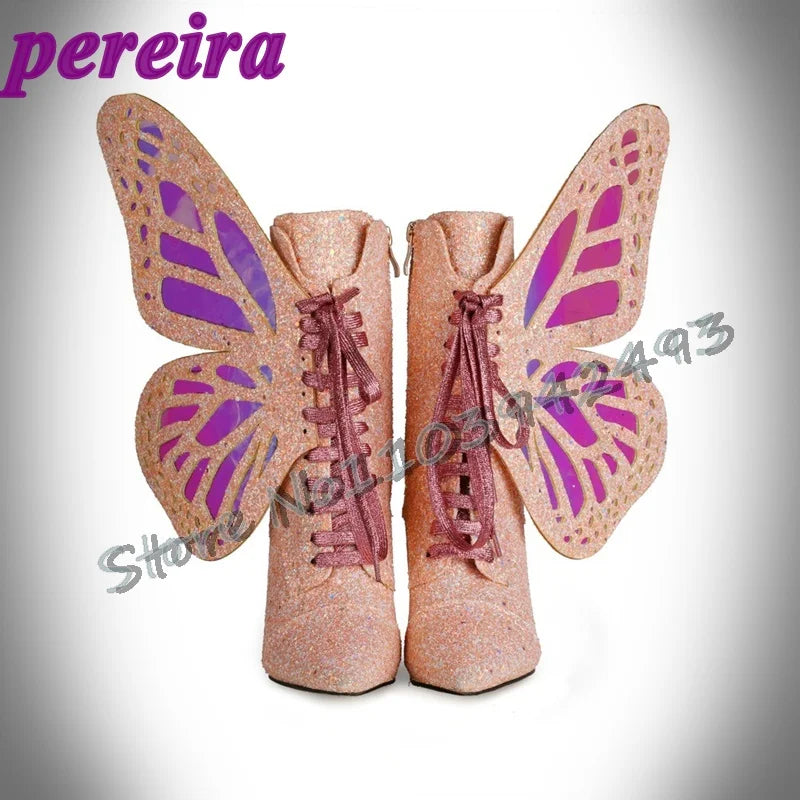 Colorful Butterfly-Wings Boots Laser Pointed Toe Botas Mid-Calf Shoes Side Zippers Zapatos De Mujer Lace Up Thin High Heel Shoe