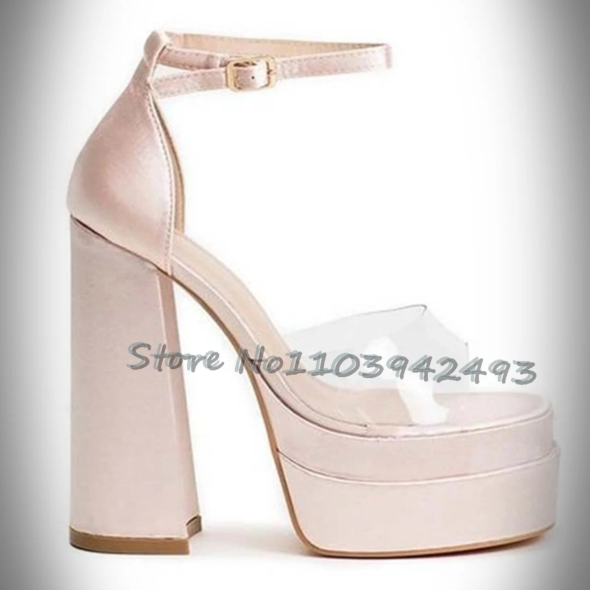 Transparent Pvc Heeled Sandals Open Toe Satin High Heels Platform Square Toe Summer 2025 Ankle buckle Strap Women Luxury Shoes Gold