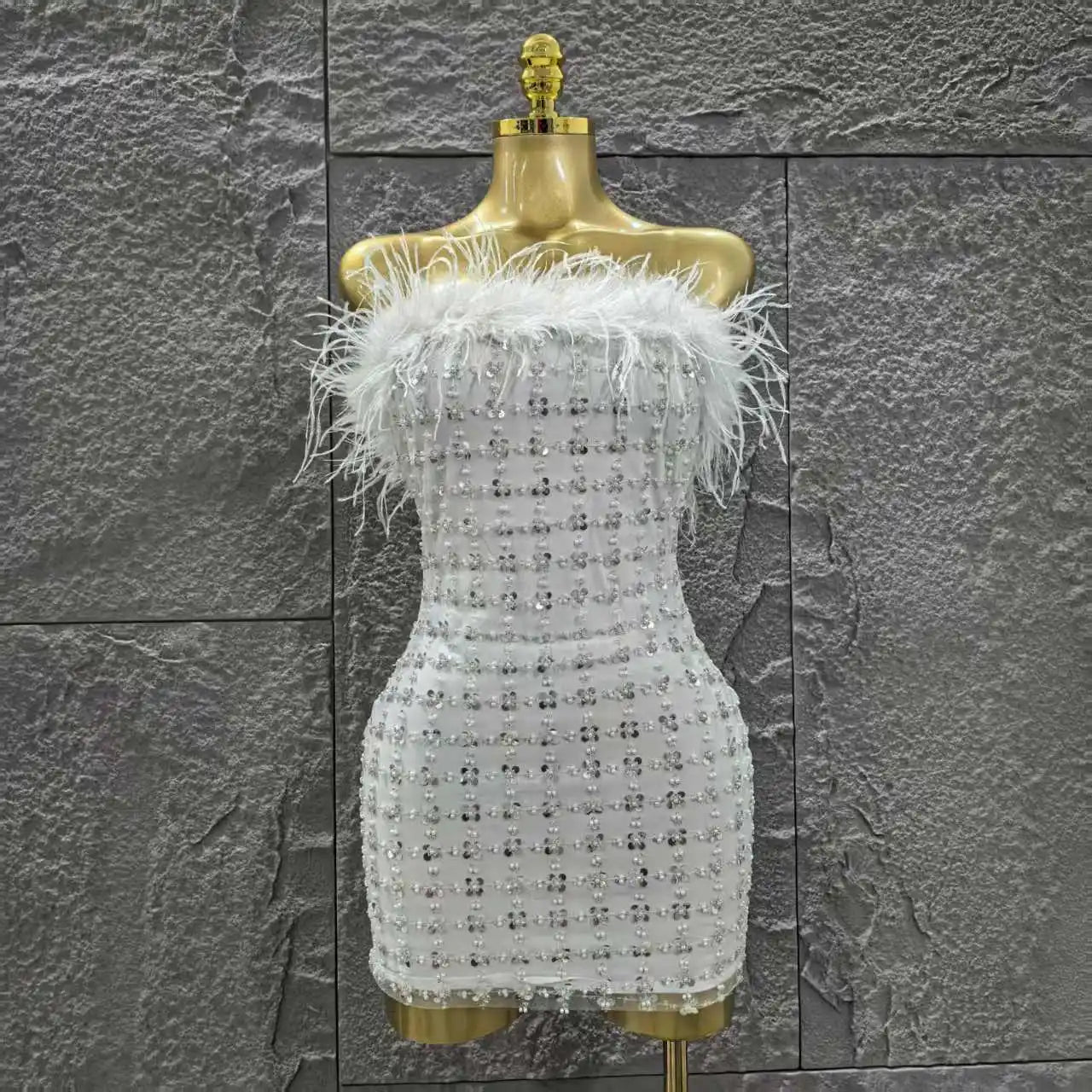 White Color Women Sexy Strapless Feathers Bodycon Mini Dress Celebrate Fashion Nightclub Party Birthday Outfit Vestido WHITE