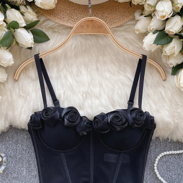 SINGREINY Female Rose 3D Flower Sexy Camisole Sleeveless Strapless Short Tank Tops Women Sheath Corset Streetwear Camis black