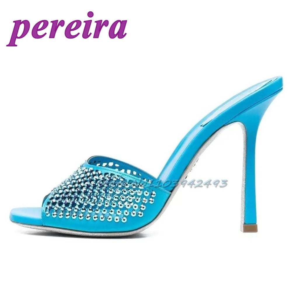 Blue Rhinestone Heels Shallow Slip On Heeled Sandals Peep Toe Luxury Designer Shoes Summer Sandalias De Mujer Solid Tacones 2025
