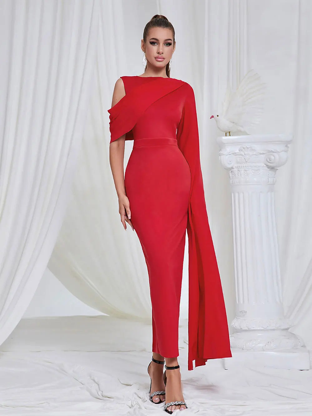 2024 Chic and Elegant Women's Red Dress O-neck Single Shoulder Oversized Trumpet Sleeve Bodycon Long Dress Evening Party Vestido