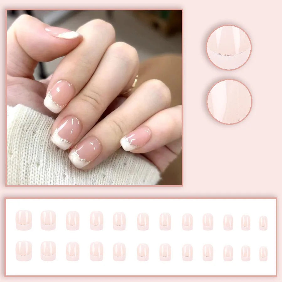 24pcs/set Short Medium fake nails for women girls gradient shiny glitters heart french Square almond tips Press on false nail 2225