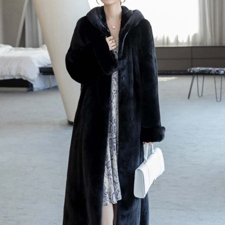 Lautaro Autumn Winter Long Luxury Elegant Thick Warm Fluffy Soft Faux Mink Fur Coat Women with Hood Loose Furry Overcoat 2025