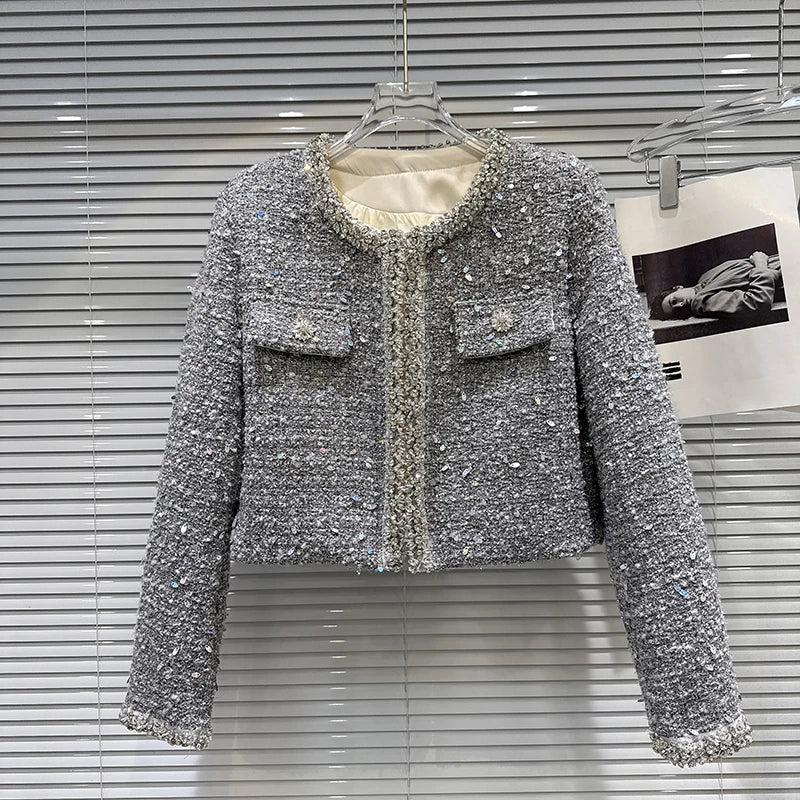 Winter New Fashion Rhinestone Beaded Sequin Tweed Cotton Jacket For Women Elegant Covered Button Short Coat 11A07561 Gray