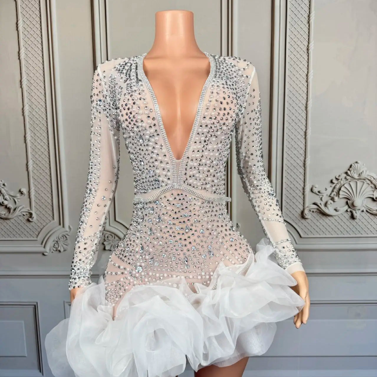 Sparkly Rhinestone White Pearls High-end Short Dress Sexy Women Deep V Neck tutu Mini Dress Nightclub Party Dress-up Outfit Babi