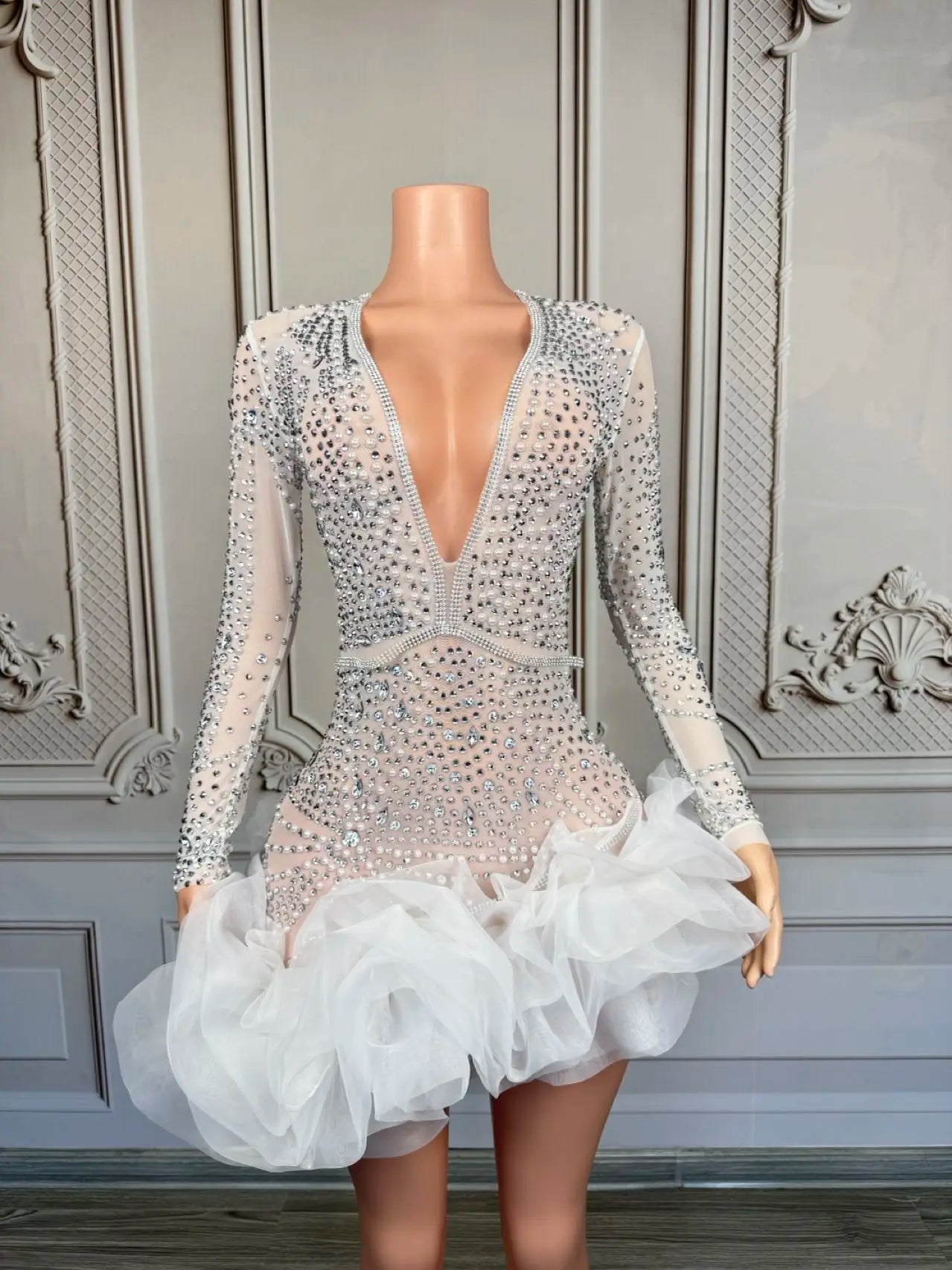 Sparkly Rhinestone White Pearls High-end Short Dress Sexy Women Deep V Neck tutu Mini Dress Nightclub Party Dress-up Outfit Babi