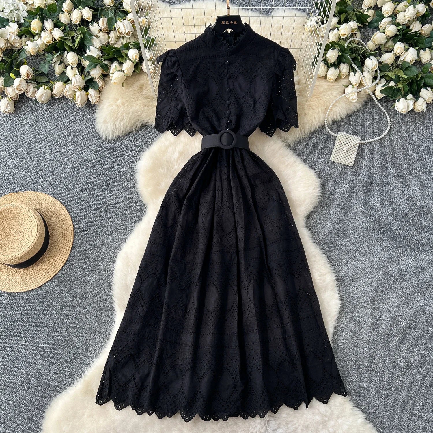 French Vintage O-neck sashes Hook flower hollow Short Sleeves Single Breasted Dress A-line Casual Women Fashion women clothing black