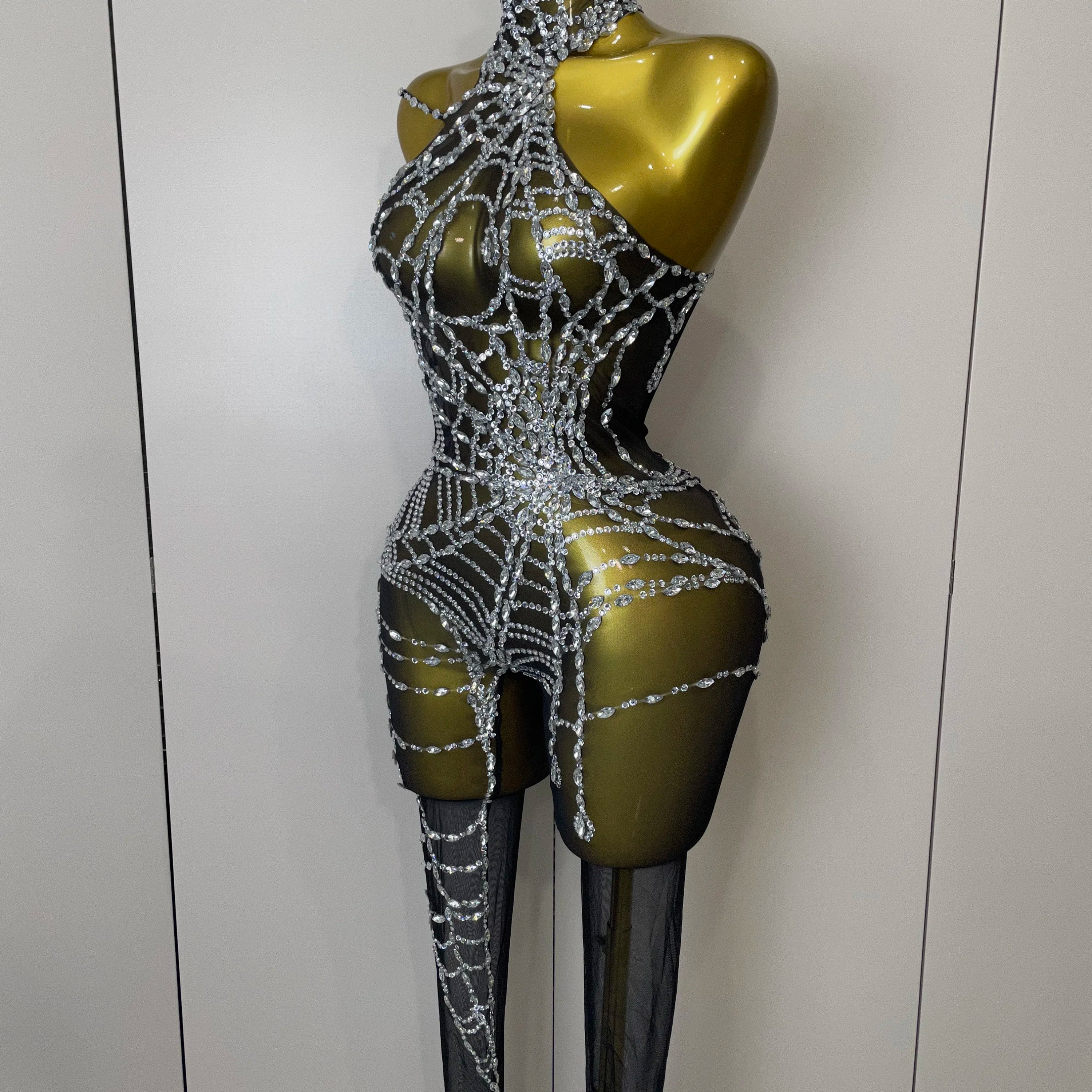 STOCK 2025Women Sparkly Diamond Sexy Mesh Jumpsuit Nightclub Bar Party Show Gogo Dancer Clothing Drag Queen Outfit Stage Costume