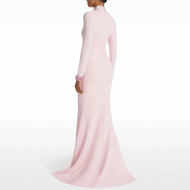 Solid Slimming Spliced Sequins Elegant Dresses for Women High Neck Long Sleeves Hollow Out Long Dress Female New