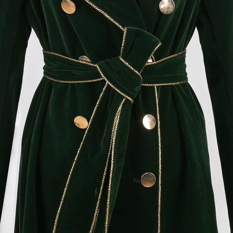 Spring Autumn Long Black Velvet Trench Coat for Women with Gold Trim Sashes Double Breasted Luxury Designer Fashion 2022 Green