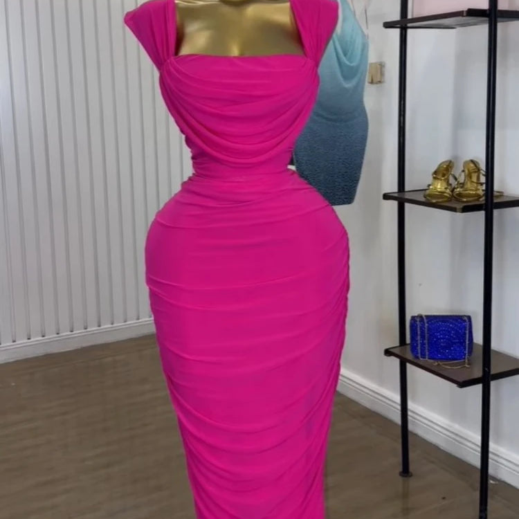 GLCMYAYA Fashion Stacked Ruched Women's Dress Set Crop Tops and Bodycon Midi Maxi Skirts Suit Vacation Two 2 Piece Set Outfit Rose Red
