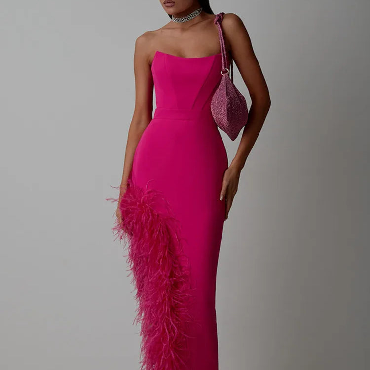 Women Spring Sexy Strapless Backless Black White Pink Feather Midi Bandage Dress 2023 Knitted Elegant Evening Club Party Dress Rose Red