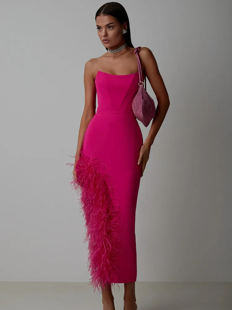 Women Spring Sexy Strapless Backless Black White Pink Feather Midi Bandage Dress 2023 Knitted Elegant Evening Club Party Dress Rose Red