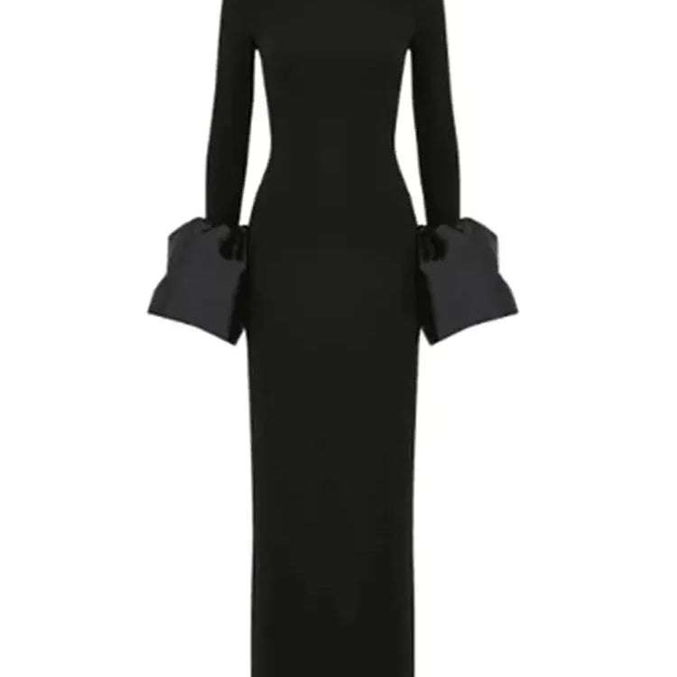 2024 Elegant Women's Black Maxi Dress Stand up Neck Flare Sleeves Bodycon Bandage Long Dresses Cocktail Evening Party Vestidos