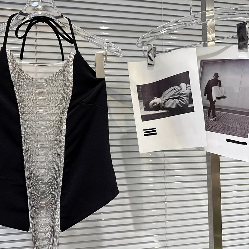 Winter New Fashion Chain Tassel Hollow Design Lace-Up Halter Neck Camisole For Women Backless Tank Tops 11A07579