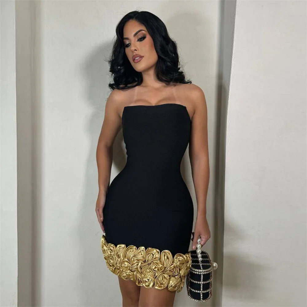 2025 New Golden Flowers Strapless Black Bandage Mini Dress Graceful Woman Evening Party Dress Celebrity Birthday Outfit