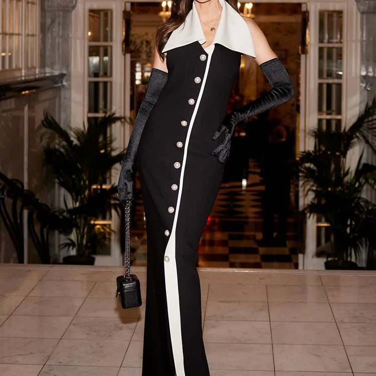 Formal Pearl Button Pleat A-line Black Midi Dress Color Contrasting Turndown Collar Single Breasted Party Evening Gowns