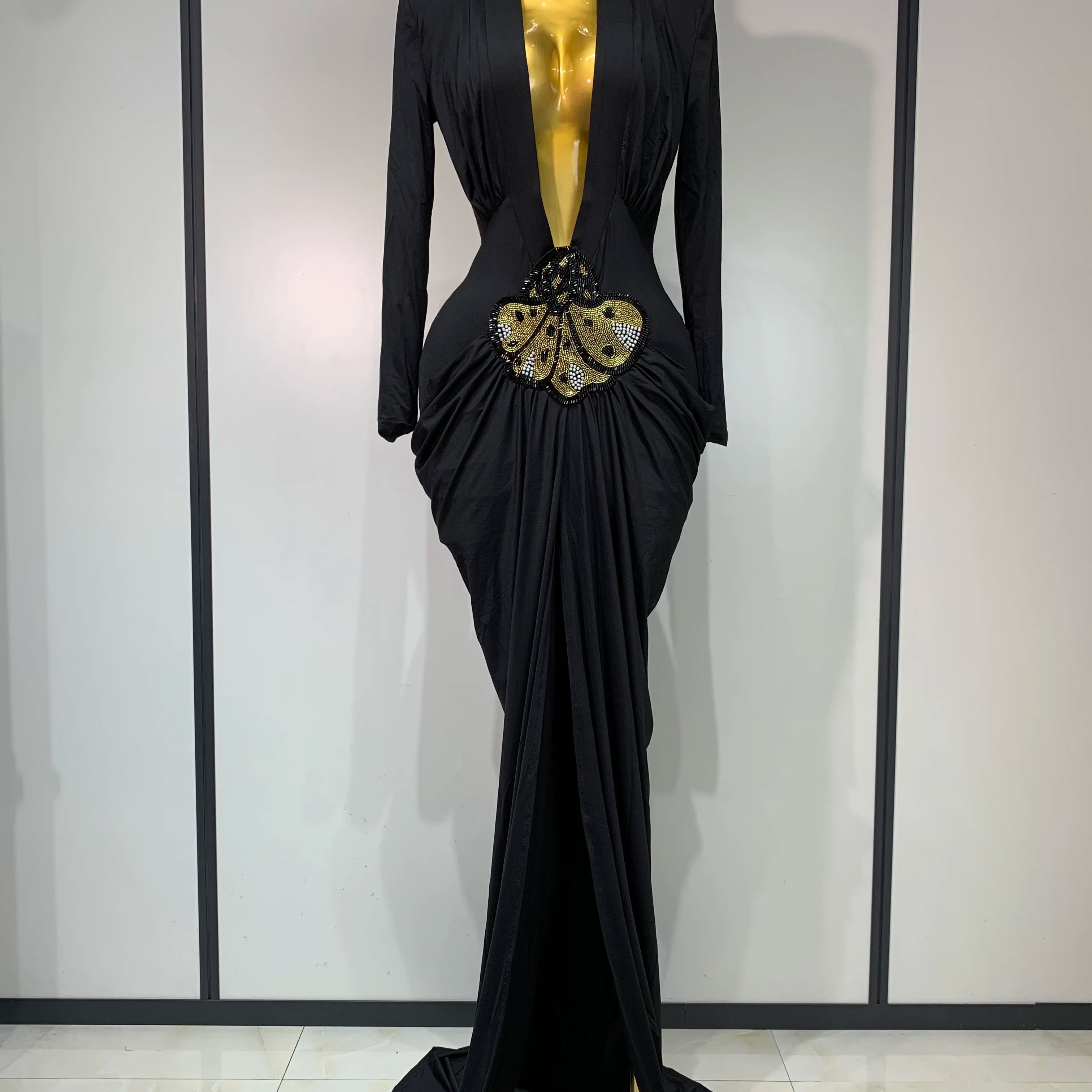 Women Sexy Deep V-Neck Bead Long Sleeved Bodycon Prom Gowns Elegant Celebrity Evening Maxi Dress Luxury Birthday Dress Wedding black
