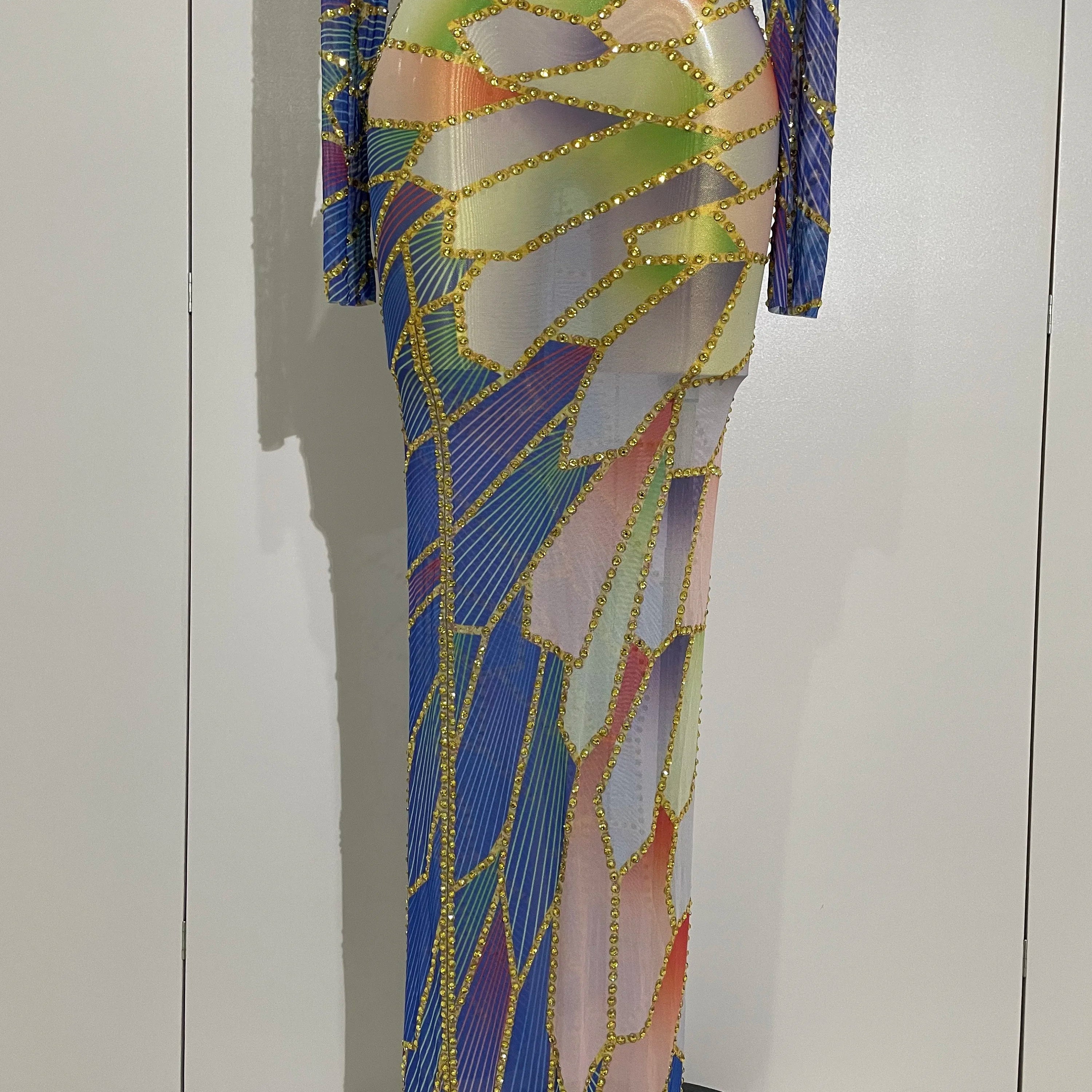 2025 New Luxury Sparkly Rhinestone Stretchy Mesh See Through Long Dress Women Birthday Party Performance Nightclub Stage Costume