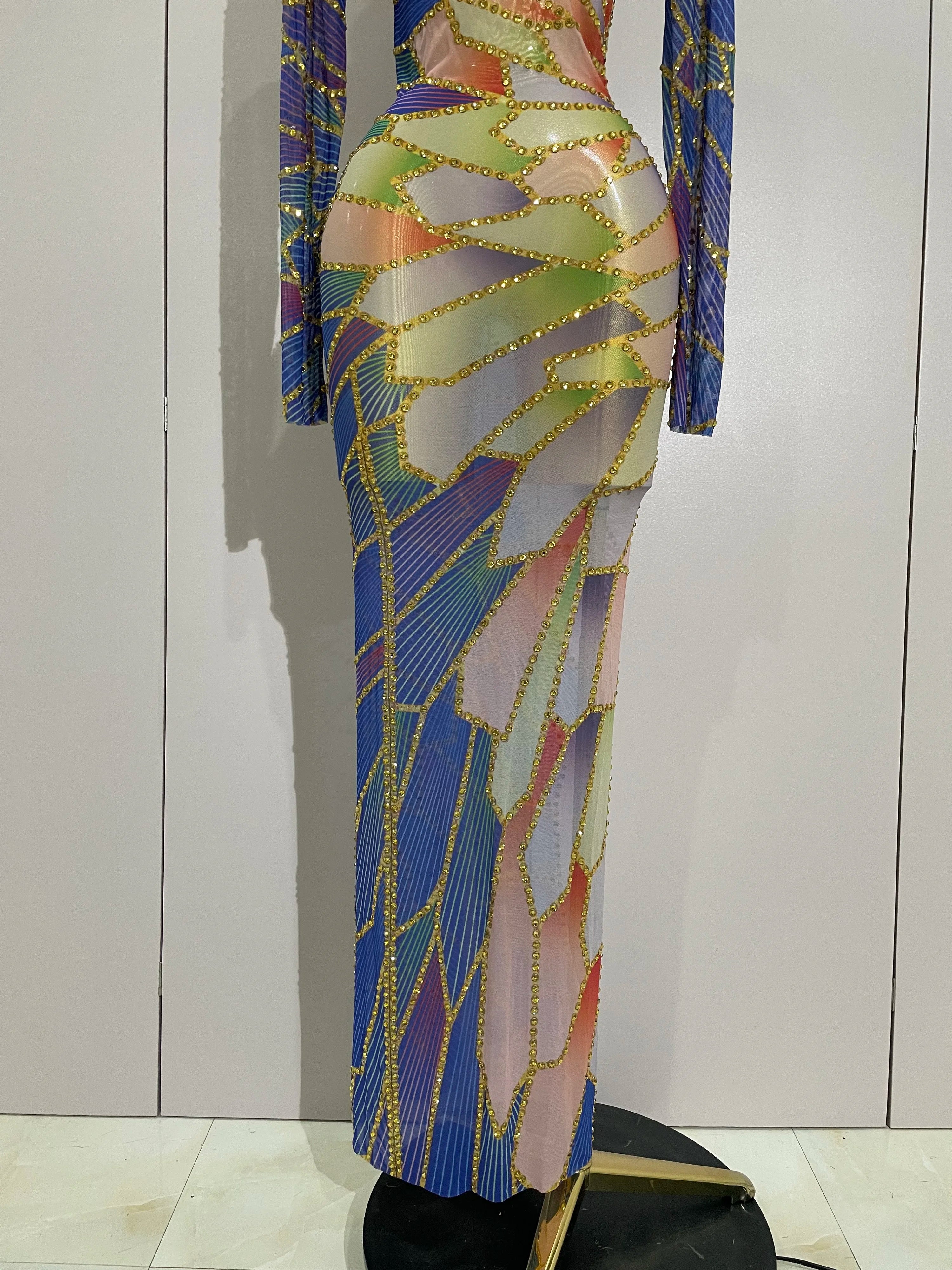 2025 New Luxury Sparkly Rhinestone Stretchy Mesh See Through Long Dress Women Birthday Party Performance Nightclub Stage Costume