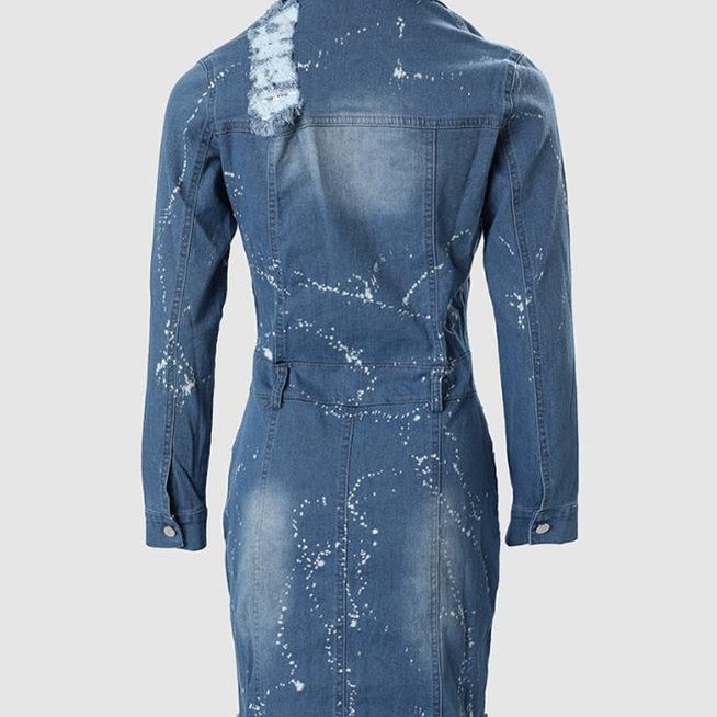 Women's Dresses 2024 Spring Fashion Ink Splash Ripped Raw Hem Button Front Casual Turn-Down Collar Long Sleeve Mini Denim Dress