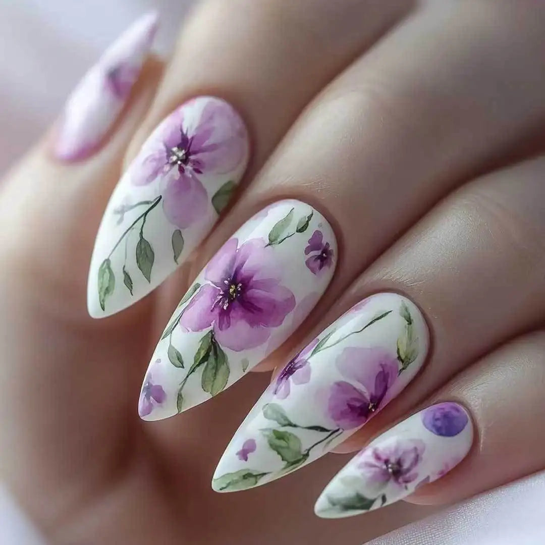 24Pcs Mid-length Almond Fake Nail with Blue Stripe Smudge Design Press on Nails for Woman Datachable Full Cover False Nails Tips X-0541