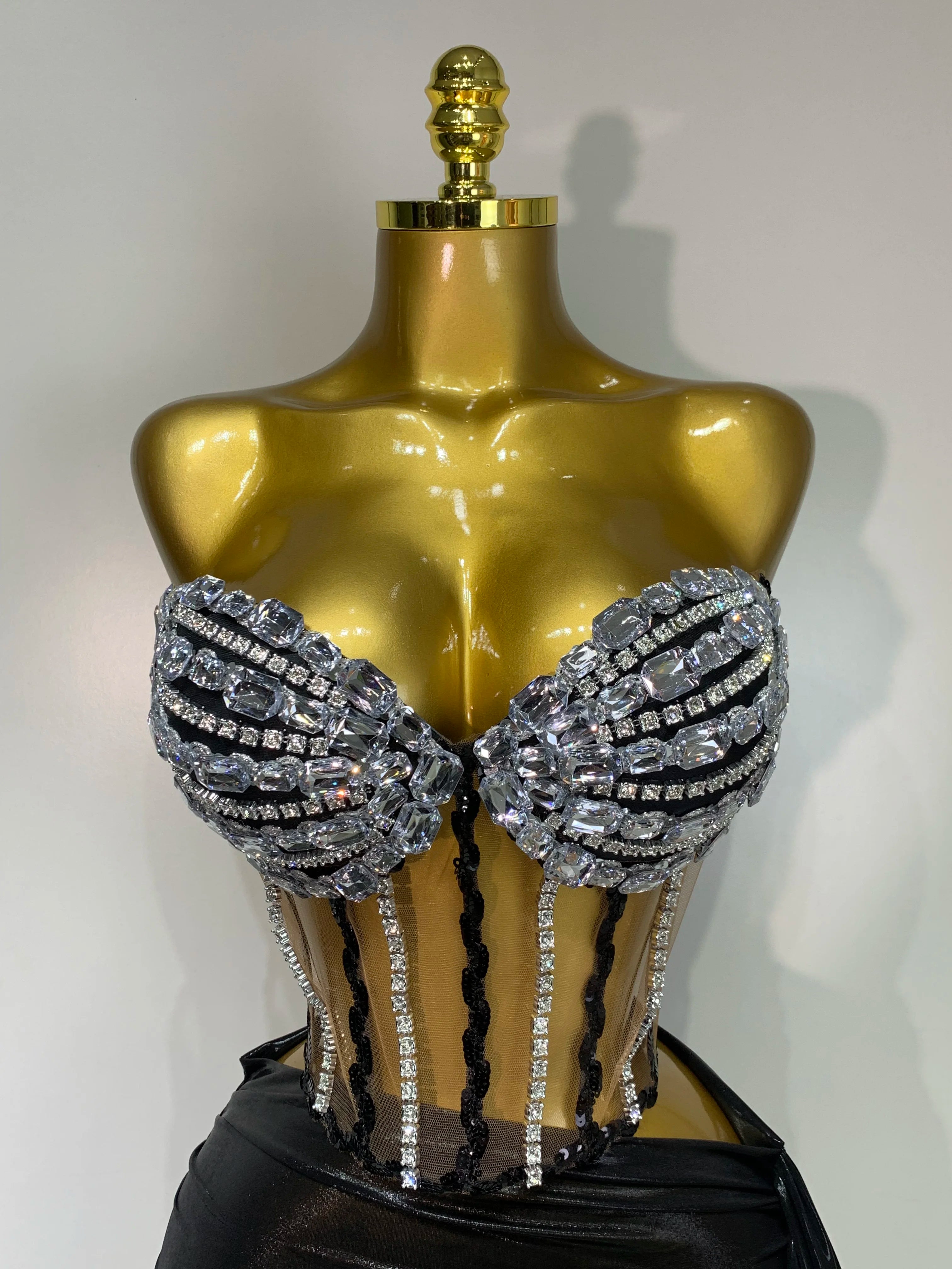 Sexy Two Pieces Top Skirt Sets Sparkly Diamonds See Through Stage Outfit Designer Performance Party Nightclub Birthday Dress